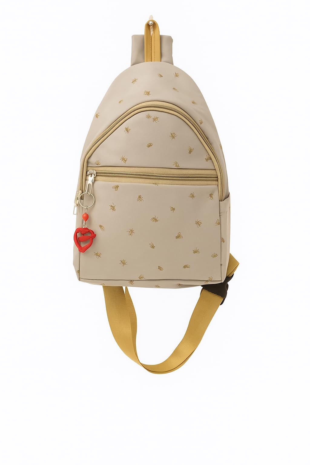 Fashion Mini Backpack with Gold Bee Print, Beige Color, Yellow Straps, Front Zipper Pocket-image-43