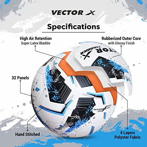 Image of Vector X 32 Panels Thunder FIFA Basic Hand Stitched Football | Rubberized Outer Core with Glossy Finish Training Ball|Match | Sports | Playing | Practice for Adult, Men & Boys Size 5 (White Blue)