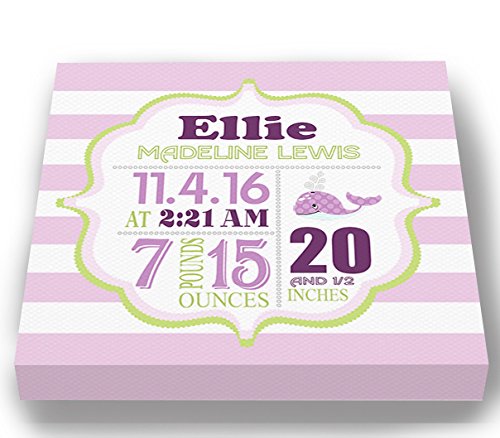 Personalized Stretched Canvas, Striped Nautical Birth Announcement, Custom Baby Name, Date, Weight Stats, Whale Nursery Wall Decor, 100% Wooden Frame Construction, Ready to Hang 24X24