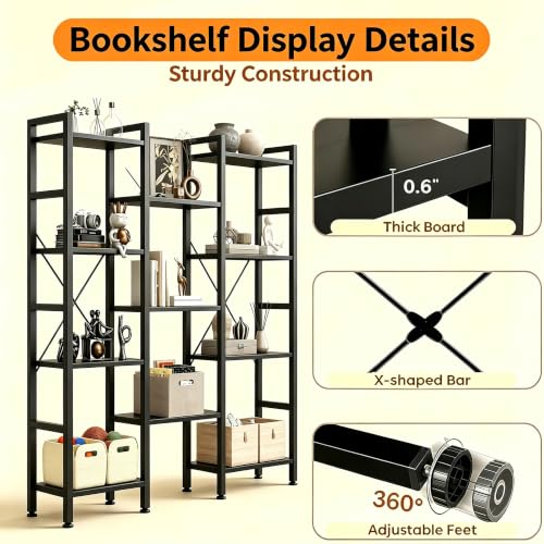 Image of HealSmart Triple Column 4 Tier Bookshelf, Industrial Bookcase with 11 Open Display Adjustable Shelves, Wide Convertible Display Modern Bookshelf for Living Room & Home Office, Black