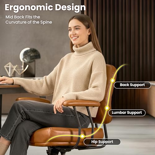 Image of ovios Ergonomic Office Chair, Mid Back Faux Leather Executive Chairs with Thick Cushion, Comfy Mid-Century Modern Swivel Rolling Computer Armchair (Brown, PU Leather)