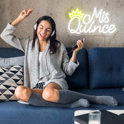 Image of Mis Quince Neon Sign for Wall Decor Bedroom Aesthetic Birthday Party Gift Boyfriend Girlfriend Lover Women Men Room Bathroom Decoration USB Operated Warm White +Yellow Led Signs, 15.7 x 9.1 Inch