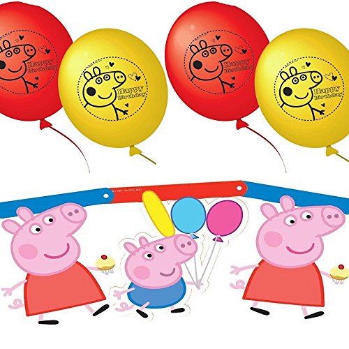 Preisvergleich Produktbild Peppa Wutz Girlande mit Gelenken und Luftballons in Rot & Gelb, Deko-Set