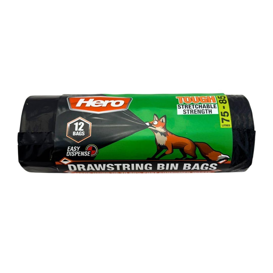 Hero Drawstring Black Bin Bags, 75-85 Litre Fox Proof Heavy Duty Strong & Stretchy Refuse Sacks, Embossed for extra strength, Interleaved (no perforations), Recycled and Tear Resistant - Roll of 12