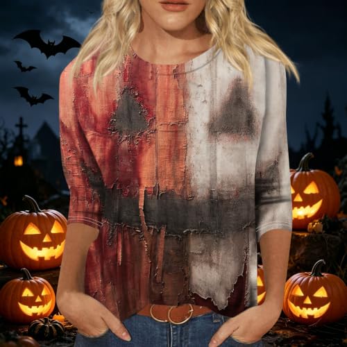 Image of Women Spooky Halloween Graphic Shirt 3 /4 Length Sleeve Crewneck Top | Halloween Funny Printed Pumpkin Plus Size Tshirts 2026 Fall Outfits Skeleton Tee Going Out Tops