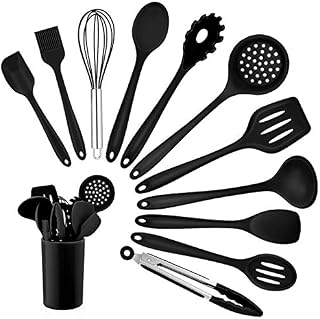 Homikit Silikon Küchenhelfer Set, 12 Stück Schwarz Kochutensilien Kochgeschirr, Hitzebeständiger Kochbesteck Set mit Utensilienhalter, Gesund & Antihaft, Spülmaschinengeeignet