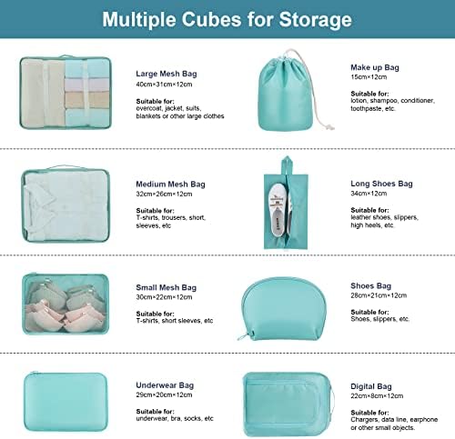 Amazon Brand - Umi Packing Cubes, 8PCS Packing Cubes for Suitcases, Travel Organiser Set for Clothes Shoes, Suitcase Organiser Bags, Travel Essentials Compression Packing Cubes for Travel (Light Blue)