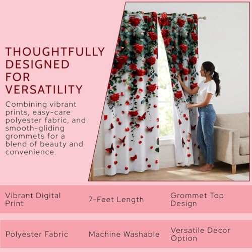 Image of Digital Printed Curtain with Pink Rose and Butterfly Design, 7 Feet, Grommet Top, White (4, Rose, 7 Feet)
