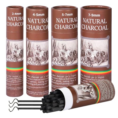 CongGongGo â€‹100 Pcs Willow Charcoal Sticks, Willow Charcoal,Mixed Sizes: 2-4mm, 4-5mm, 5-7mm, 7-9mm - Professional Soft Black Drawing Charcoal for Sketching & Art