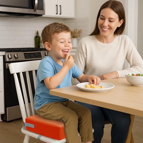 Image of Eiury Booster Seat for Kitchen Chair, Toddler Booster Seat for Dining Table, Waterproof PU Leather Kids Seat Cushion with Adjustable Straps, Non-Slip Bottom, Wipeable Seat Pad,Tangerine