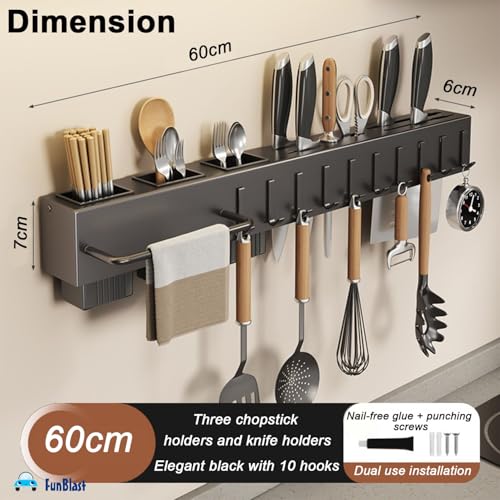 Image of FunBlast Wall Mounted Shelf for Kitchen Utensils Rack with Towel Hanger, Spatula Ladle Hanging Hooks, Cutlery Holder, Floating Shelf for Kitchen Utensils - 60 x 7 x 6 cm