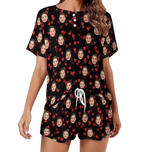 Pijamas de Mujer Personalizados con Foto de Caras, Pijamas Cortos Personalizados, Pijamas de Cara Personalizados, Ropa de Salón Suave PJ Personalizada para Mujeres Niñas Mamá