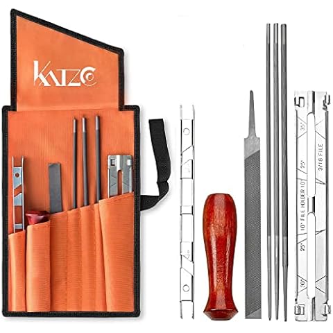 Katzco Chainsaw Sharpener File Kit - Contains 5/32, 3/16, and 7/32 Inch Files, Wood Handle, Depth Gauge, Filing Guide, and Tool Pouch - for Sharpening and Filing Chainsaws and Other Blades Cover