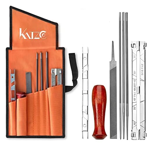 Katzco Chainsaw Sharpener File Kit - Contains 5/32, 3/16, and 7/32 Inch Files, Wood Handle, Depth Gauge, Filing Guide, and Tool Pouch - for Sharpening and Filing Chainsaws and Other Blades