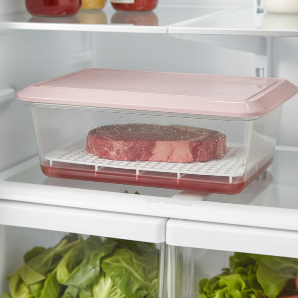 Pack 6 Bandejas Descongelar Alimentos 6,5L Tapa Rosa y Rejilla Antigoteo | 36 x 24 x 12,5cm. Sin BPA. Recipiente para descongelación más higiénica. Ideal cocinas, restaurantes, hostelería y cátering