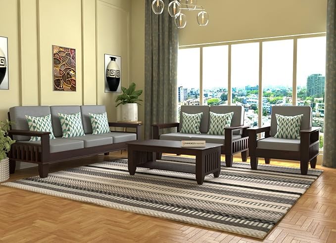 Image of Sheesham Wooden 6 Seater Sofa for Living Room | Rosewood 6 Seater Cushion Sofa with Side Newspaper Holder for Home & Office (-Walnut Finish,3+2+1 Seater)