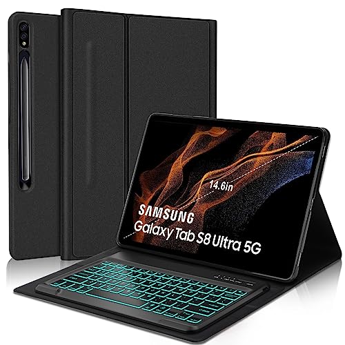 Image of SENGBIRCH Keyboard Case for Samsung Galaxy Tab S8 Ultra (14.6 inch, 2022 Release), Backlit Magnetically Detachable Keyboard, Smart Stand Cover with S Pen Holder, Auto Sleep /Wake, SM-X900 /X906, Black