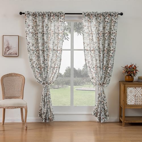 Image of SUOUO Vintage Black Dark Floral Semi Sheer Curtains 84 Inches 2 Panels | Linen Textured,Light Filtering,Wild‑Berry Botanical,Rustic Farmhouse,Rod Pocket Drapes for Living Room Bedroom Dining Room