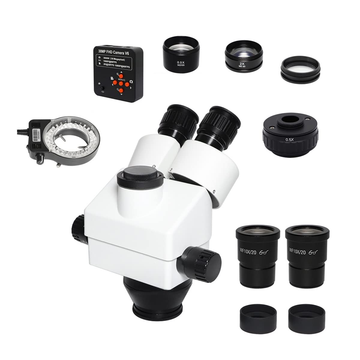 Microscope 3.5X-9 0X 7X-45X White Simul-Focal Trinocular Zoom Stereo Microscope Head 0.5X 2.0X 1x Auxiliary Lens for Phone CPU PCB Repair(38MP add 0.5X Cmount)