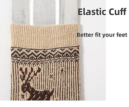 Image of 5-Pairs Vintage Knitting Stripe Reindeer Wave Pattern Women's Fluffy Cute Crew Socks Warm Soft Cotton Calf Socks