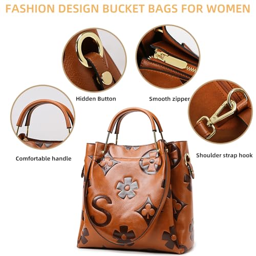 Floral Handbags Leather Shoulder Bag for Women, 2pcs Embossed Purses & Hand Bag Trendy Designer Women's Bucket Tote3