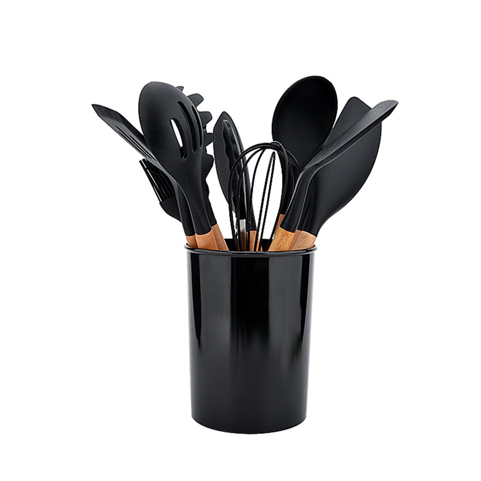 12-teiliges Silikon-Küchenhelfer-Set mit Holzgriff, antihaftbeschichtete Backwerkzeuge, schwarze Kochutensilien mit Aufbewahrungseimer, perfekt für Hobbyköche und Backbegeisterte