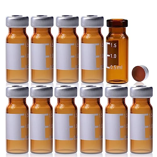 100 Pcs Amber Glass Flat Base Vial, 11mm Wide Opening Crimp Top Vial 2 mL