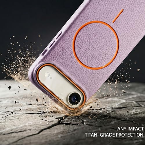 Image of amazon basics Luxury MagSafe Compatible Leather Texture Back Cover for iPhone 17 Air | Raised Camera Protection | Slim Fit Shockproof Case with Metallic Accents (Purple)