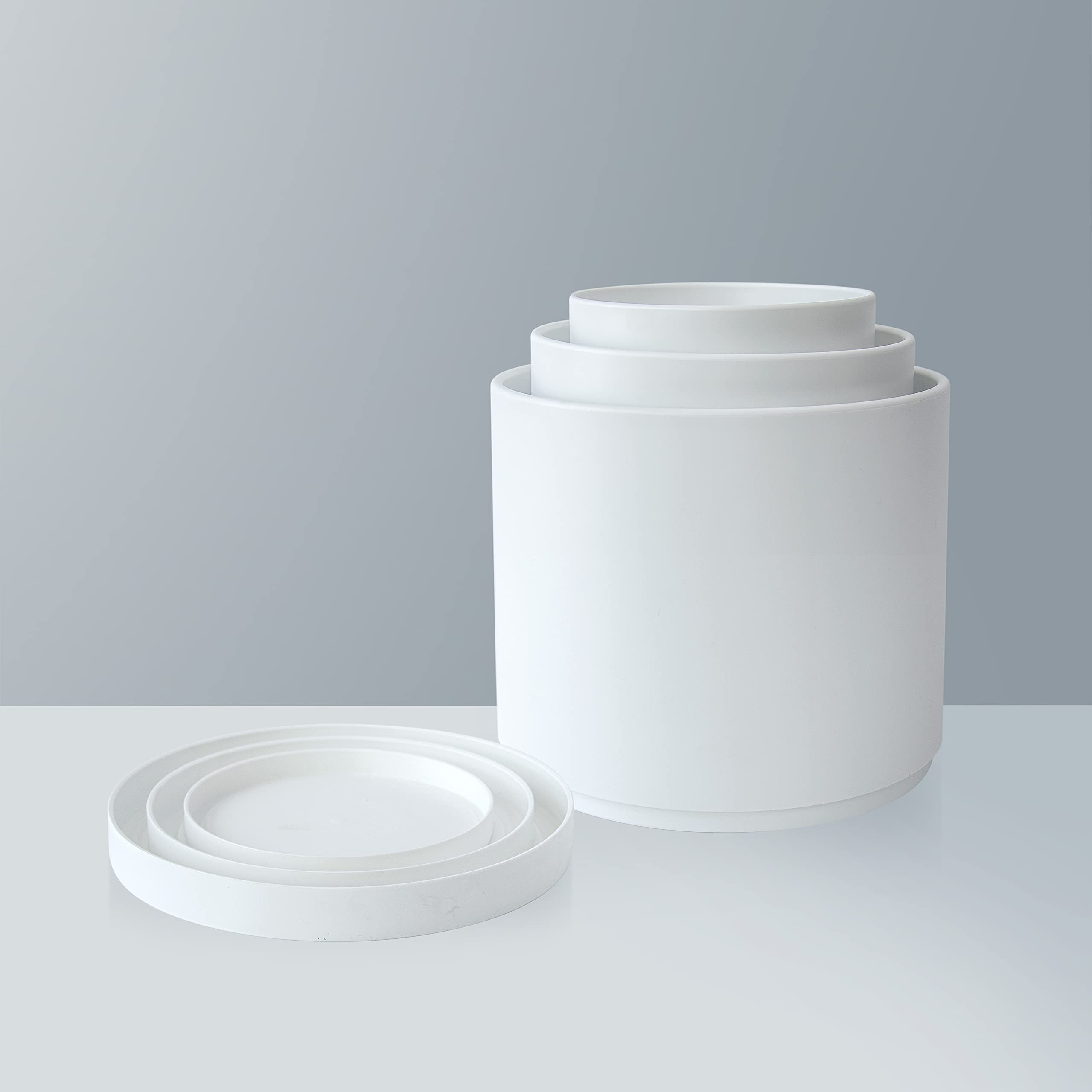 D'vine Dev 6 Inch 6.5 Inch 8 Inch, Set of 3, White Color Planter Pots for Plants with Drainage Hole and Seamless Saucers, Medium, 74-E-M-1