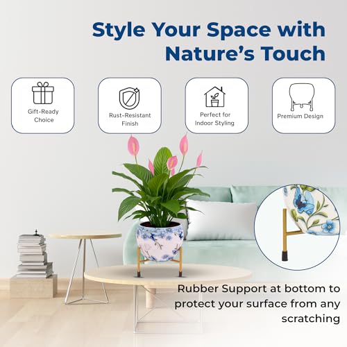 Image of NATURAL EARTH Metal Flower Pot & Stand with Free 1 KG Organic Vermicompost Fertilizer | Decorative Indoor Outdoor Plant Pot | Artsy White Floral Planter for Home & Garden Decor