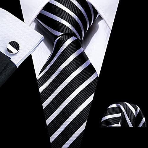 Image of Barry.Wang Tie Sets for Men Silk Stripe Necktie Woven Checkered Handkerchief Cufflinks Formal Business Wedding
