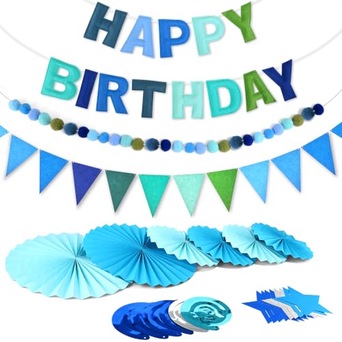 Image of CANREVEL 17 PCS Pre-Strung 3D Blue Happy Birthday Banner, Blue Streamers | Colorful Reusable Birthday Decorations for Women Men Girls Boys, Felt Happy Birthday Sign, Pom Pom Garland, Triangle Bunting