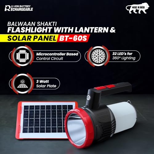 Image of Balwaan Krishi Solar Flashlight with Lantern | 5W LED| 2-in-1 Torch| BT-60S | Type-C Rechargeable Torch, 3 Front & 2 Lantern Modes, 2-in-1 Torch Lantern, Emergency Light for Home