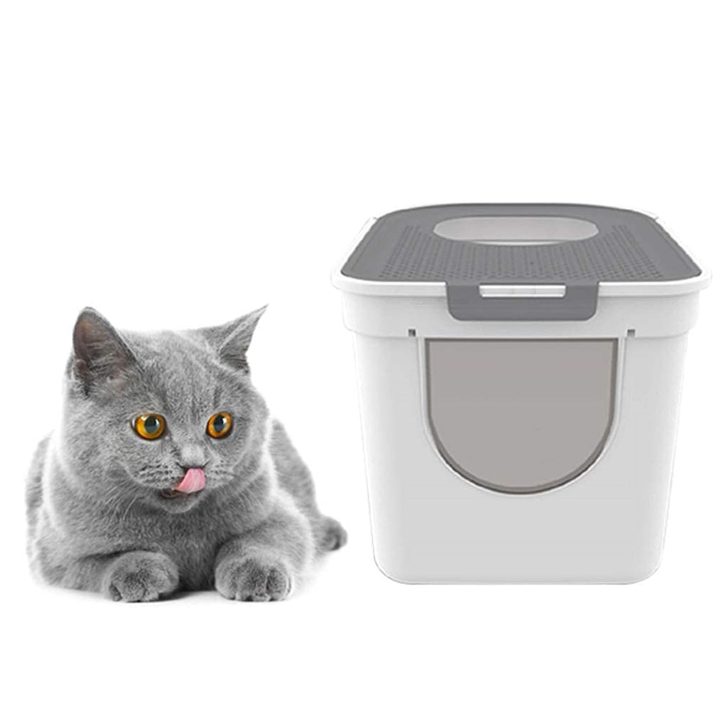 Lettiera per gatti a forma di cappello, porta d'ingresso con doppia porta d'ingresso, super grande spazio da 25 l, design con coperchio cavo, resistente agli spruzzi, WC per gatti