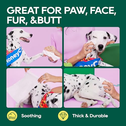 Image of HONEY CARE Disposable Pet Wipes for Dogs & Cats, Fragrance-Free, Cleansing & Soothing for Paws, Butt & Body, 100 Count (Pack of 9)