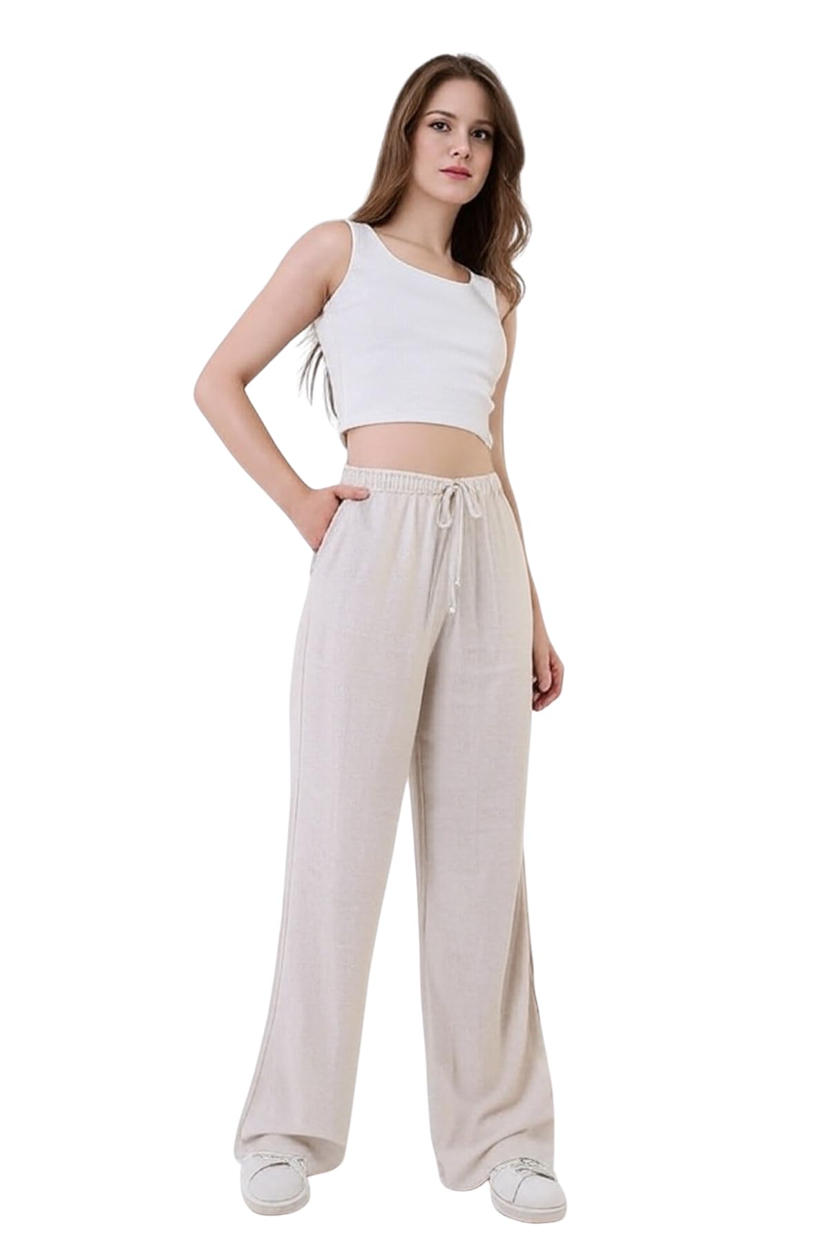 Womens Cotton Linen Palazzo Pants Drawstring Elastic Waist Casual Wide Leg Trousers with Pockets