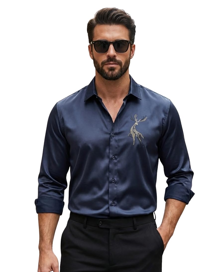 Afflatus Men’s Stylish Satin Shirt for Party, Formal and Casual Wear Full Sleeve Shirt for Men - Buck