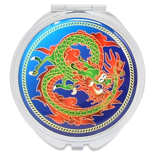 Boîte à pilules Feng Shui bleue avec miroir portable et amulette dragon