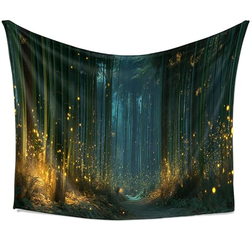 Bamboo Grove Fireflies Tapestry, Warm Golden Glow Forest Wall Hanging, Zen Nature Decor for Bedroom Living Room Dorm 40x60inch