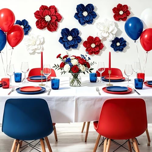 Image of Red Blue White Paper Flowers Artificial 3D Wall Decor Aamerican 250th Anniversary Decorations Wedding Birthday Bridal Baby Shower 4th of July Burgundy Nursery Room Backdrop Centerpieces Party