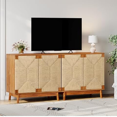 XIAO WEI Sideboard Cabinet with Hand-Woven Natural Paper Rope Doors, Accent Buffet Cabinet Boho Console Table for Living Room Entryway Dining Room Kitchen-2 Pieces, Walnut(Solid Wood Legs) Cover