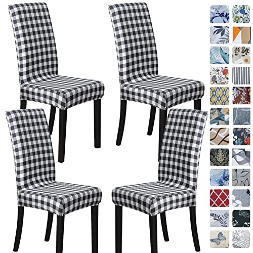Image of SPRINGRICO Polyester Chair Covers For Dining Room (4 Pack, Buffalo B&W, Black, White)