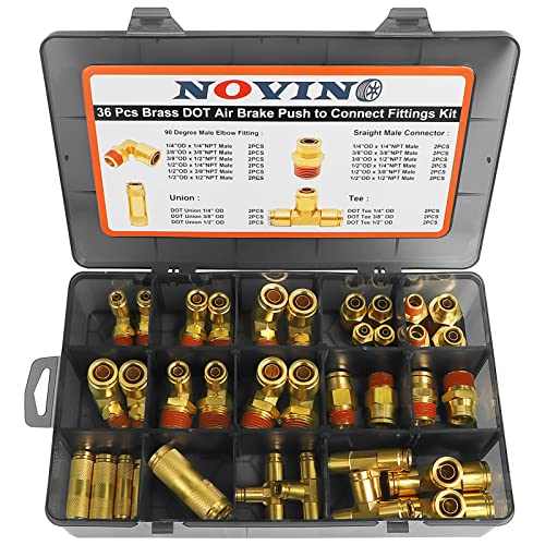 36 PCS Brass DOT Air Brake Line Fitting Assortment Kit 1/4 3/8 1/2 Push To