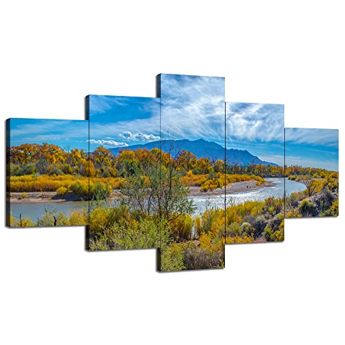 New Mexico Canvas Wall Art New Mexico Mountain Prints Wall Decor The Río Grande Meanders Picture Painting Fall Poster Framed Home Living Room Bedroom Decoration Ready to Hang(60''Wx32''H)
