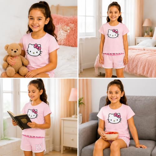 Image of Hello Kitty Girls Short Set - 2 Piece Short Sleeve Graphic Tee and Shorts Clothing Outfits (Sizes: 2T-12)