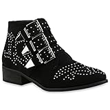  Stiefeletten Damen Biker Boots Nieten Schnallen Schuhe 145423 Schwarz 38 Flandell