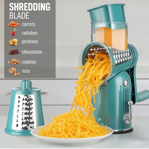 Image of Zulay Kitchen Rotary Cheese Grater 5 Blade Cheese Shredder - Manual Hand Crank Cheese Grater With Reinforced Suction & 5 Interchangeable Drums - Easy to Use, Vegetable Chopper Round Mandoline Slicer