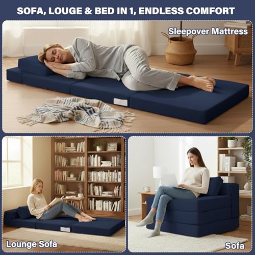 Image of Tiita Folding Sofa Bed Chair, 4-Fold Convertible Sleeper Chair with Lumbar Pillow, Washable Cover & Side Pocket, Floor Couch Bed with Raised Seat, Single Size for Small Spaces, Navy