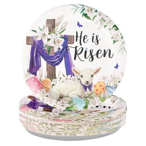 Greencian 50Pcs Easter Paper Plates 10 Inch Disposable He Is Risen Dessert Plates Sheep Cross Eggs Lily Flowers Party Decorations Favors for Christian Jesus Easter Religious Party Supplies