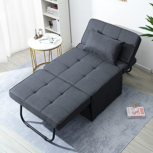 Folding Ottoman Sofa Bed, Convertible Chair 4 in 1 Multi-Function Modern Breathable Linen Guest Bed with 5 Position Adjustable Backrest (Dark Grey)